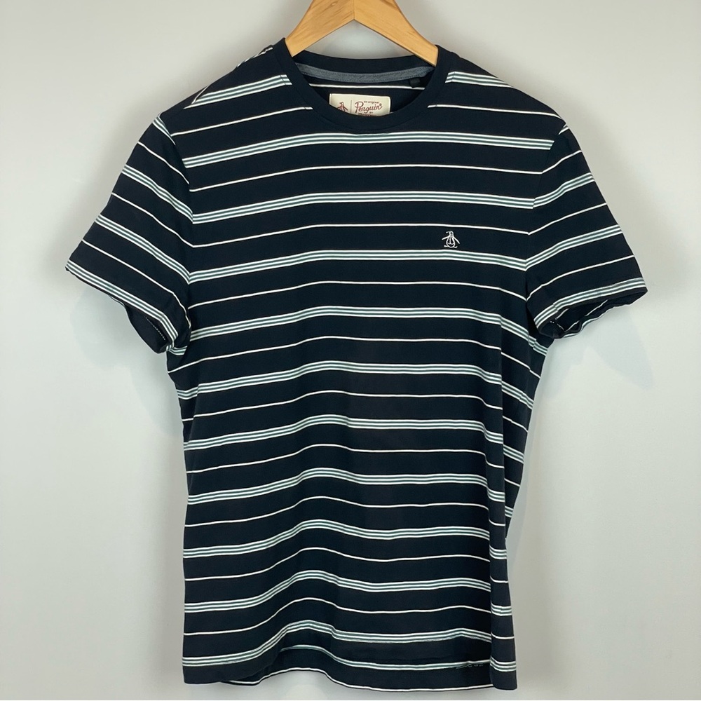 Original Penguin Striped T-Shirt - Medium - Blue with White and Teal stripes